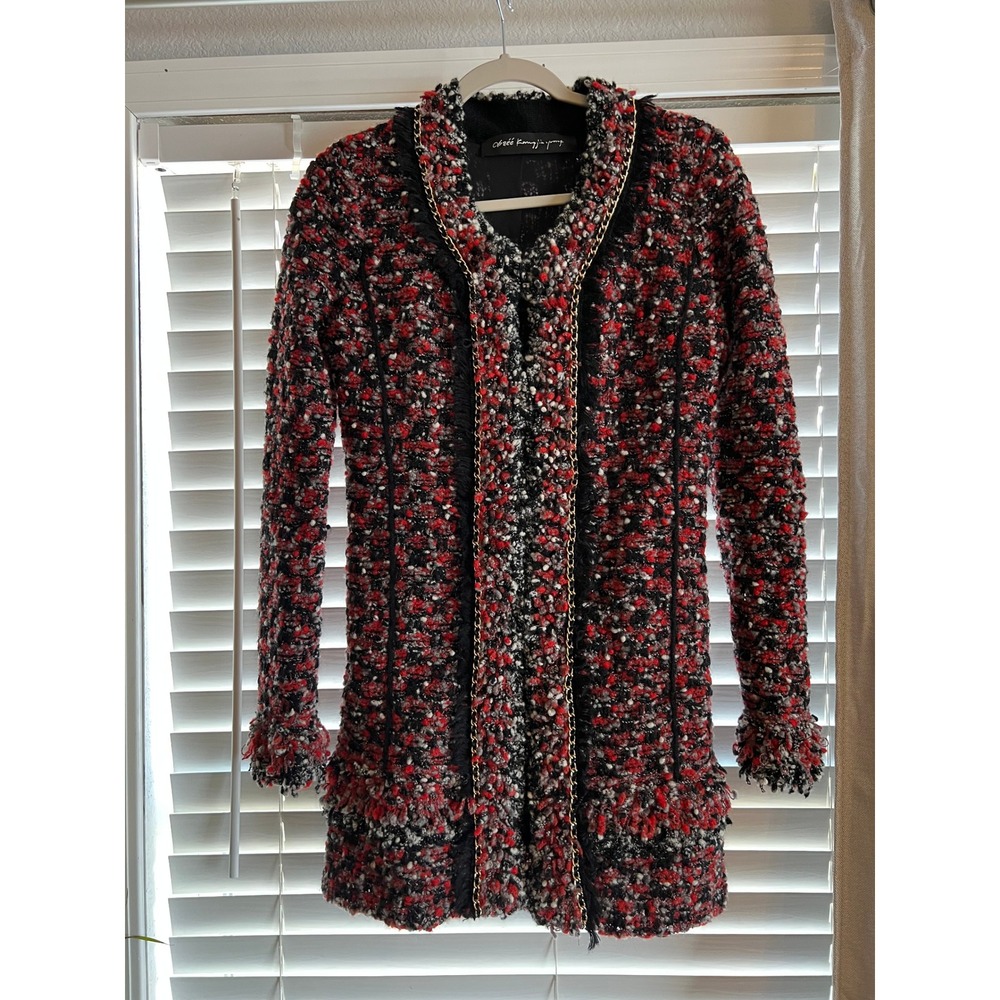 Obzee Kang Jin Young Jacket Wine Red Wool Blend Chain Tweed Boucle Old Money